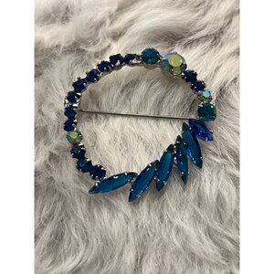 Vintage Rhinestone Brooch Pin With Caribbean Blue Navettes & Dark Blue Stones